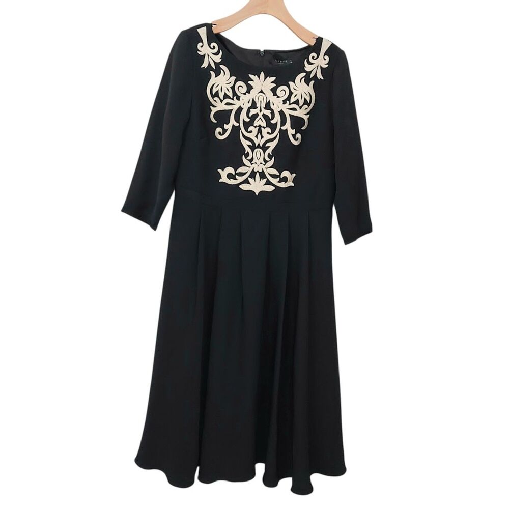 Ted Baker Shamari Embroidered Bodice Black Midi Dress Womens 5 US-12 Retro Royal